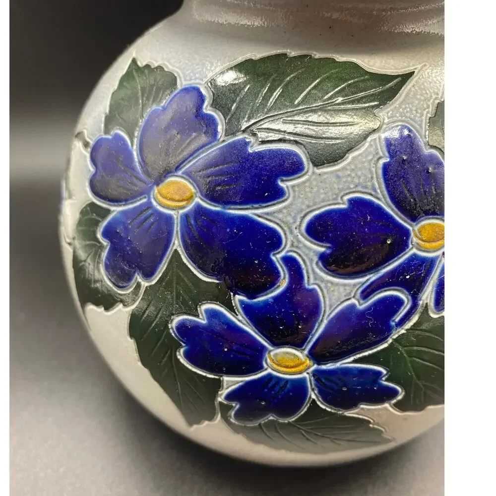 ALSACE Salt Glaze Vintage Betschdorf Cobalt Flowers, French Vase‎ signed pottery